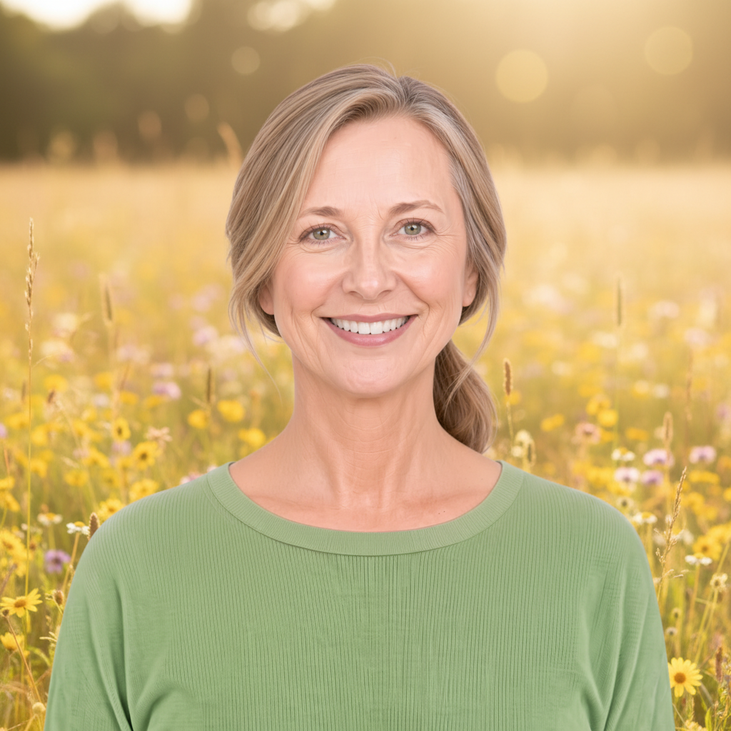 Christine Bott Schmuker, LPC — a warm smile and a soft green top, with a gentle nature backdrop, welcoming you in