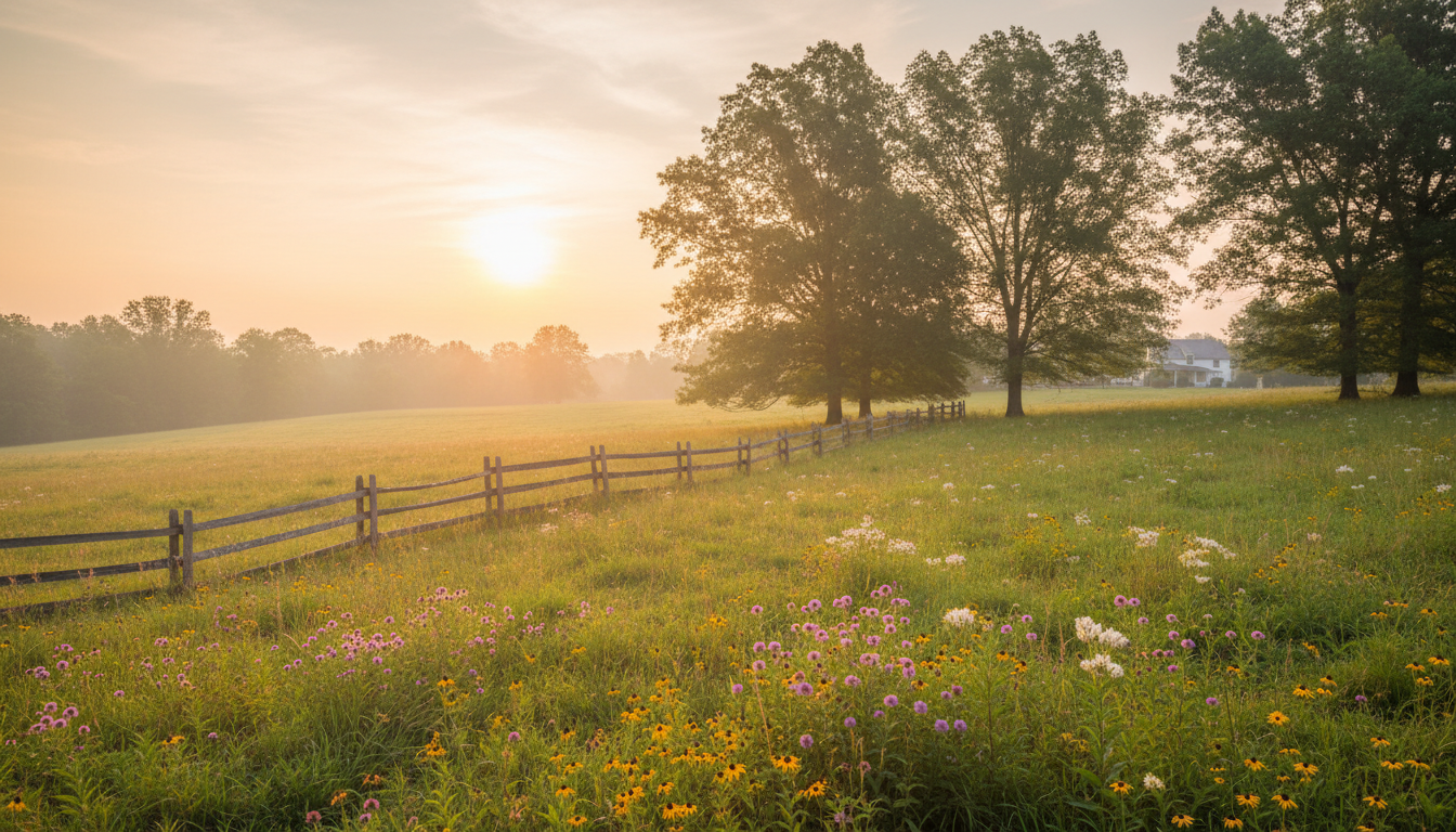 A peaceful Virginia pasture with a split-rail fence, bathed in soft golden-hour light