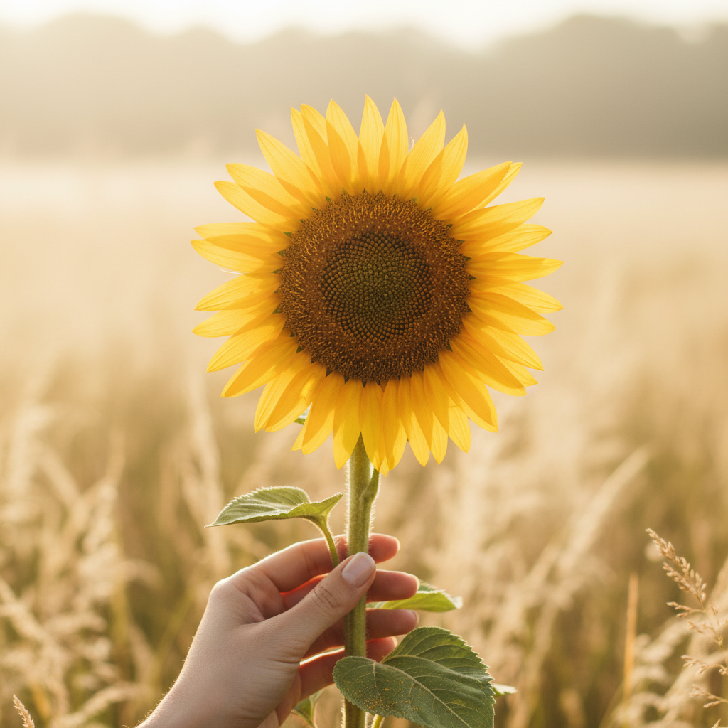 A woman's hand resting gently at the base of a tall sunflower in a summer meadow